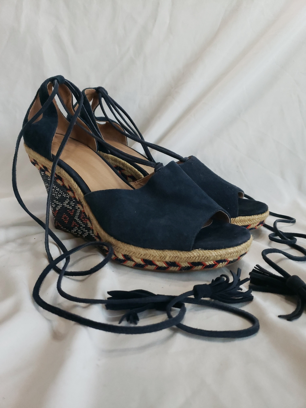 CAbi Navy Suede Lace-Up Espadrille Wedge Sandals